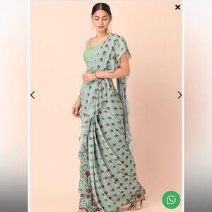 Mint Floral Ruffled Pre-Stitched Saree (Without Blouse)